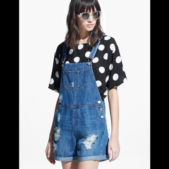 Mango Medium Wash Blue Denim Distressed Overalls M - Picture 10 of 10